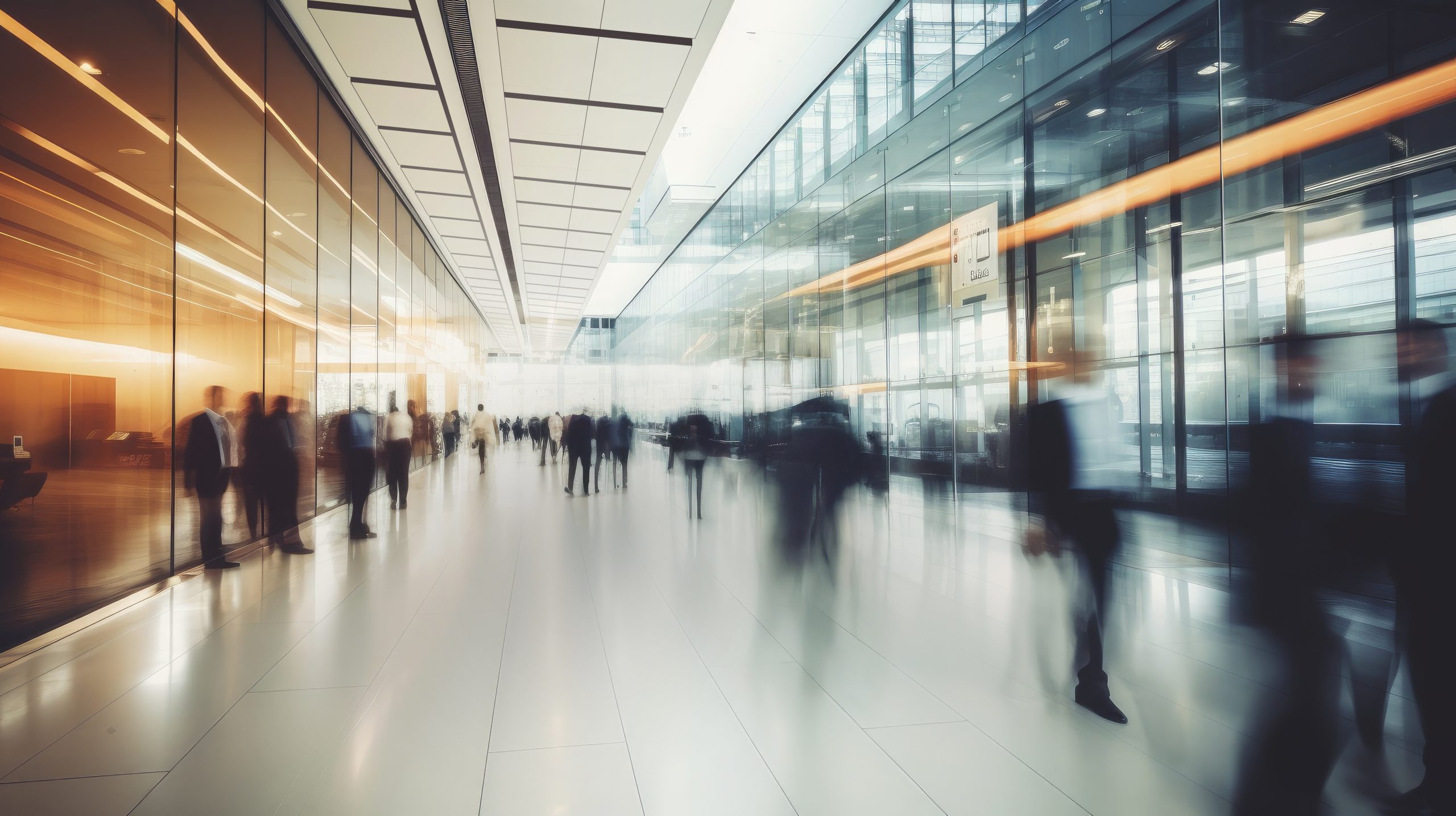 Business professionals moving through a modern glass building, with an Ombient panel subtly integrated into the ceiling.